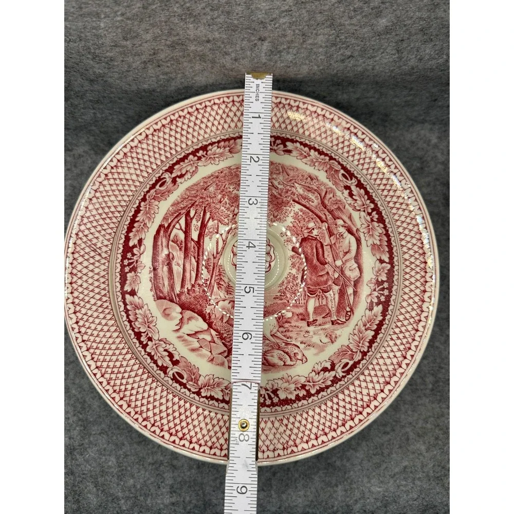 Homer Laughlin Currier & Ives Red Transferware Covered Bowl Husking Partridge